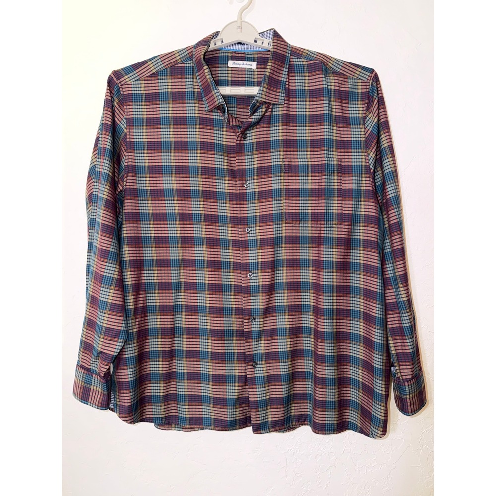 Tommy Bahama Bordeaux Plaid Shirt 2XLT Cotton Silk Blend Button Up Dark Sangria